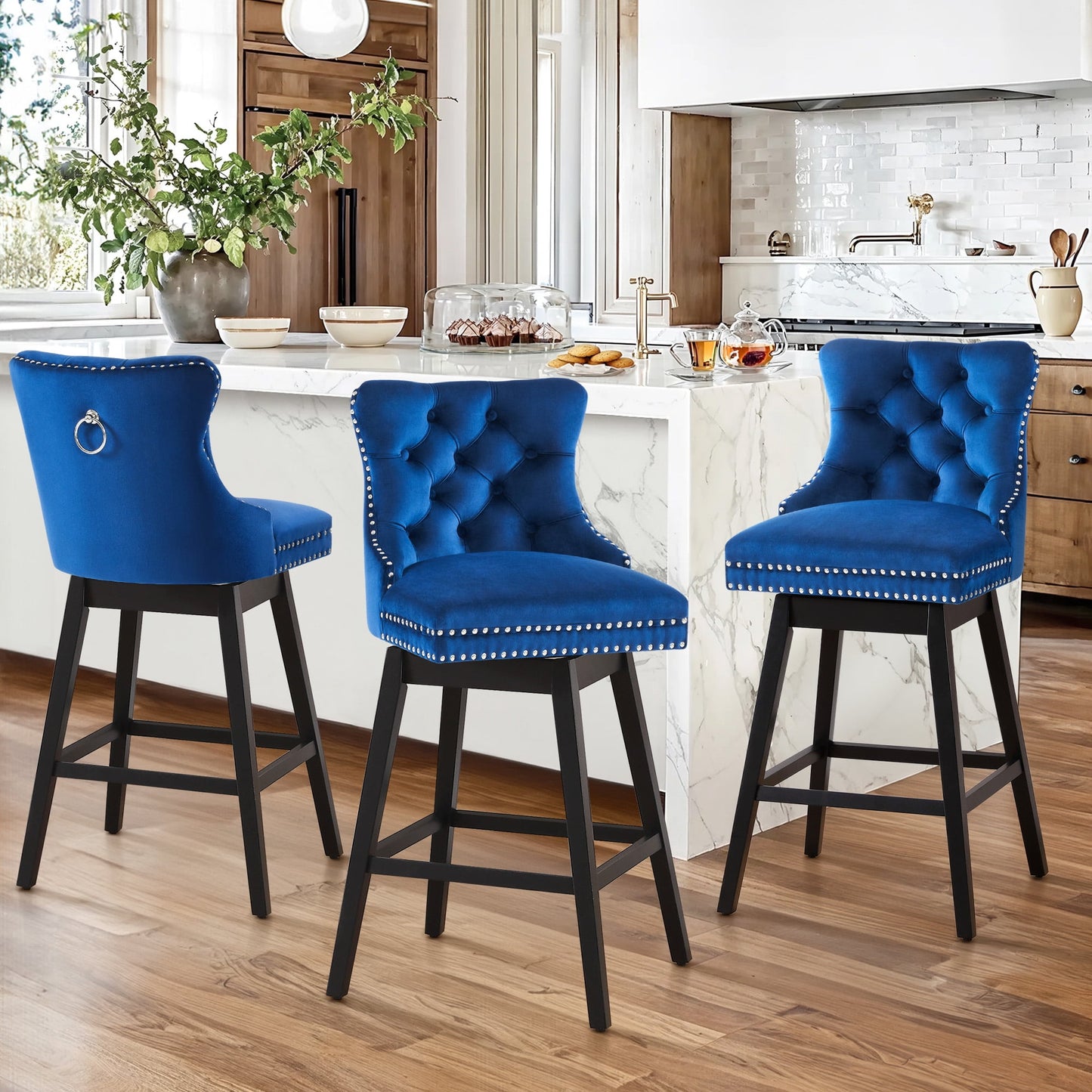 TEWLOSS Counter Height Bar Stools Set of 3 Swivel 26" Velvet Barstools for Kitchen Island, Blue