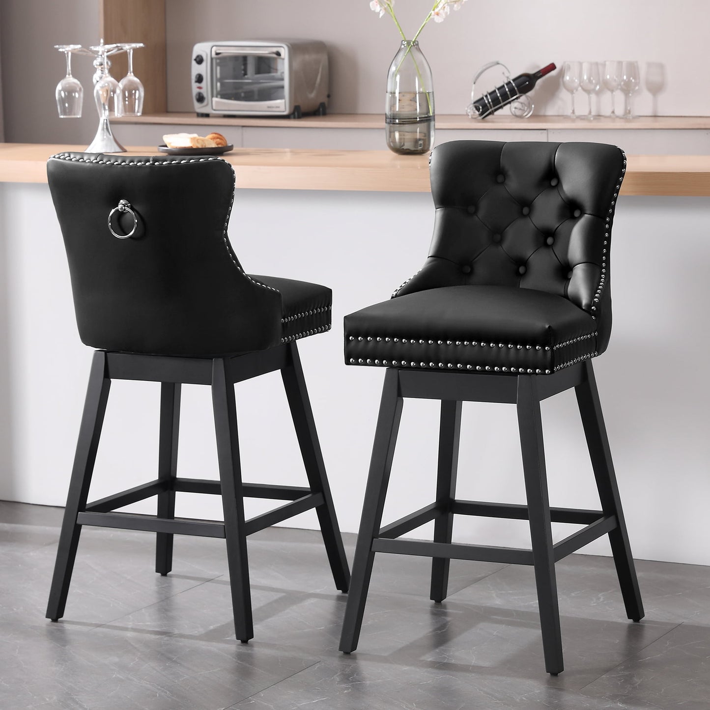 Tewloss 26" Swivel Bar Stools Set of 2 Leather Counter Height Chairs for Home Kitchen Dining, Black