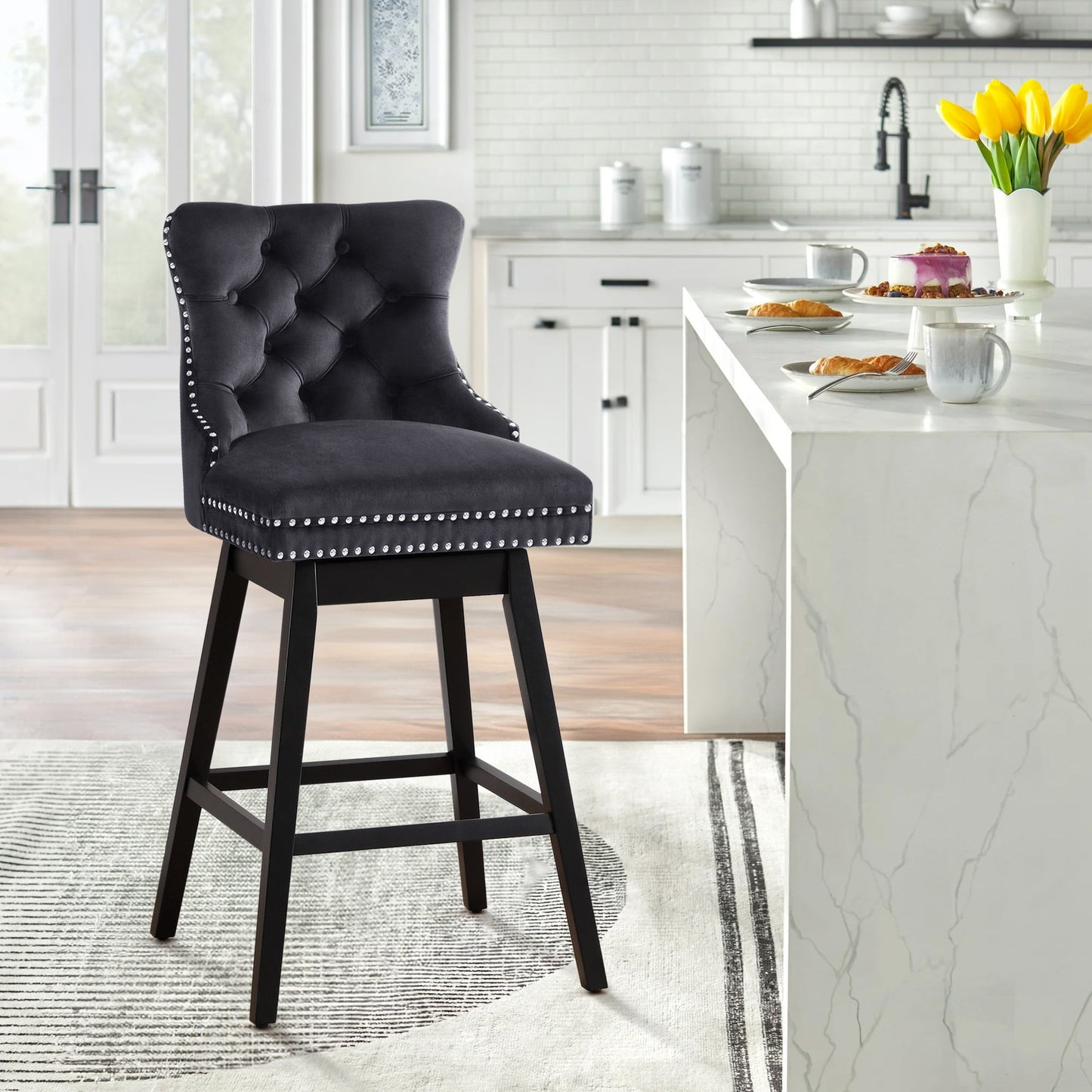 TEWLOSS Counter Height Bar Stools Swivel 26" Velvet Barstools for Kitchen Island, Black