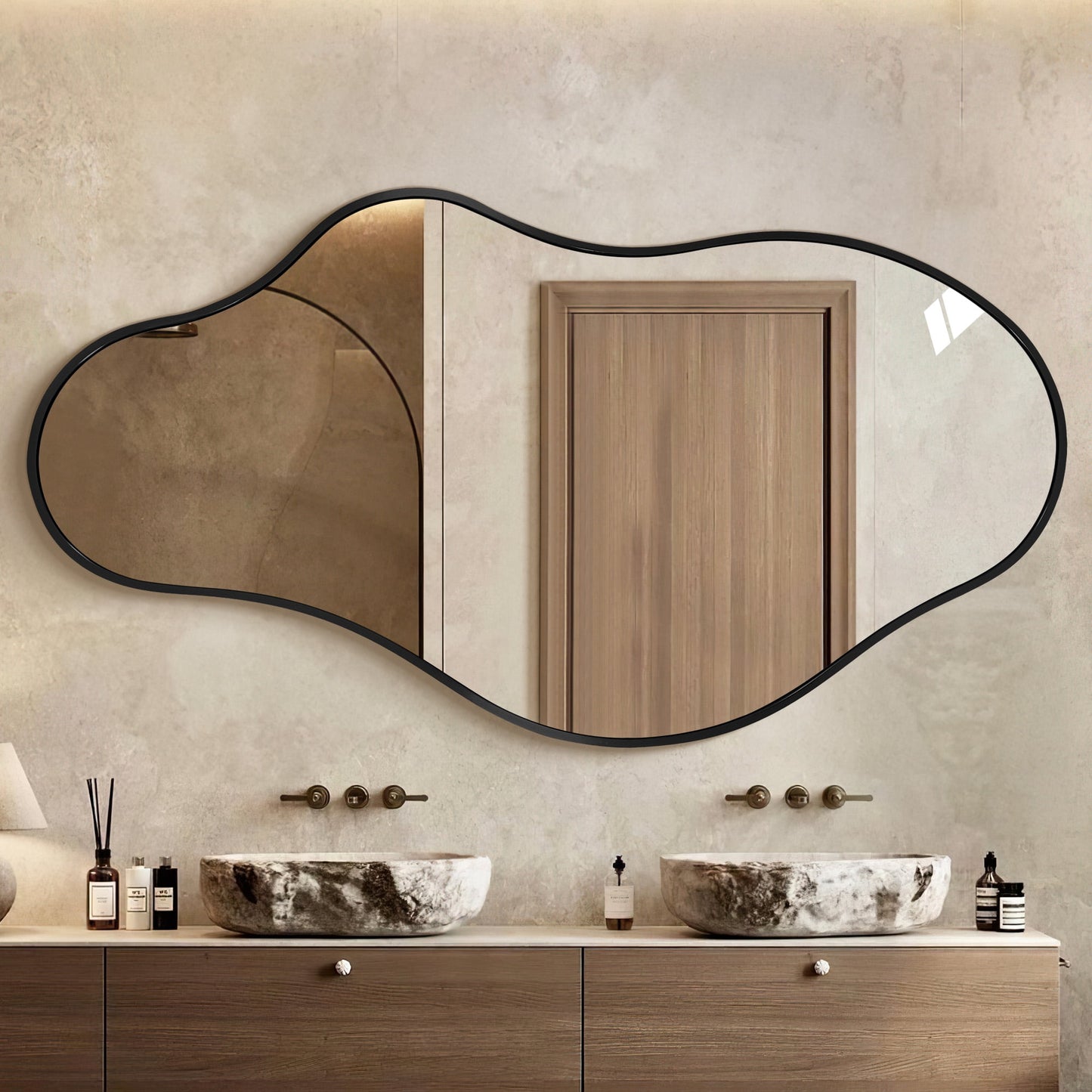 TEWLOSS Irregular Wall Mirror 43"x 24" Black Bathroom Mirrors Metal Frame, Drop Shape