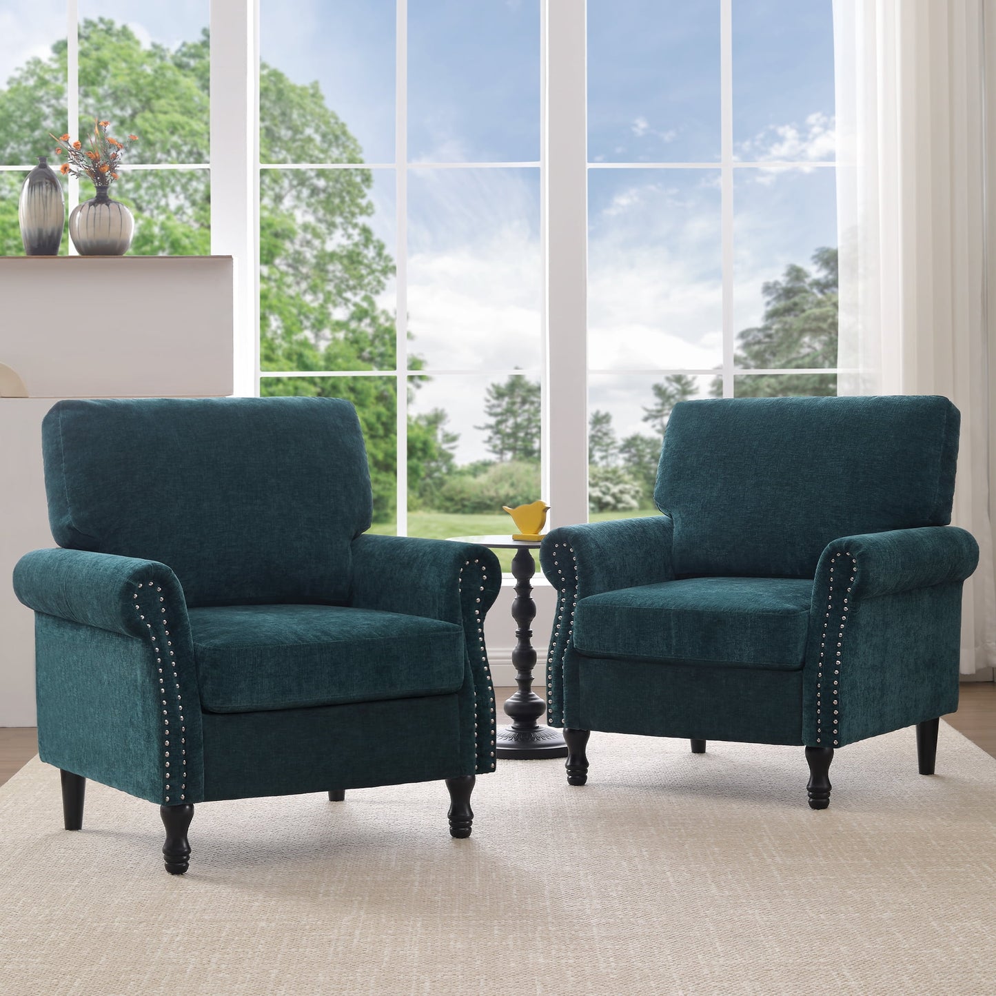 TEWLOSS Oversized Accent Chairs Set of 2, Chenille Fabric Upholstered Arm Chairs for Living Room, Dark Teal