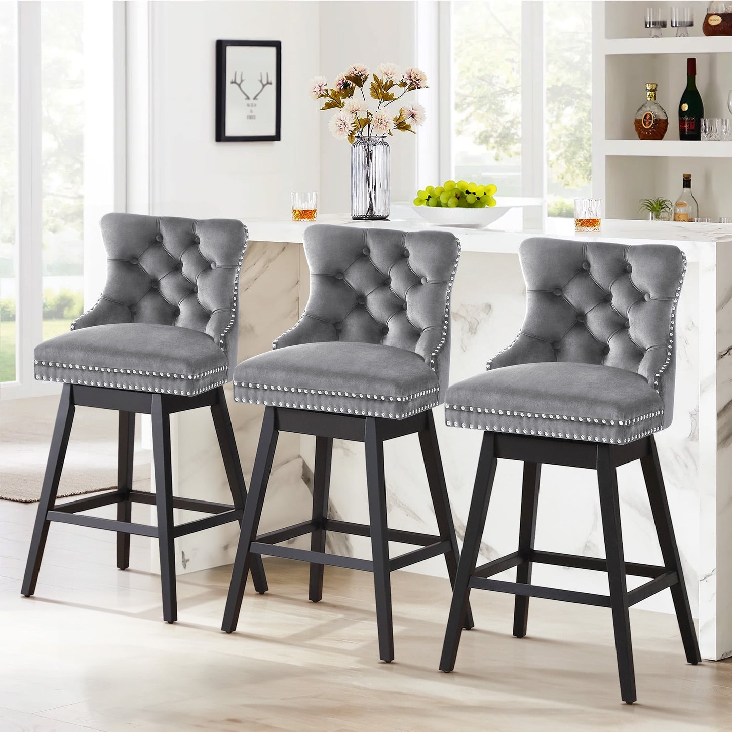 TEWLOSS Bar Stools Set of 3 Swivel 30" Velvet Barstools for Kitchen Island, Gray