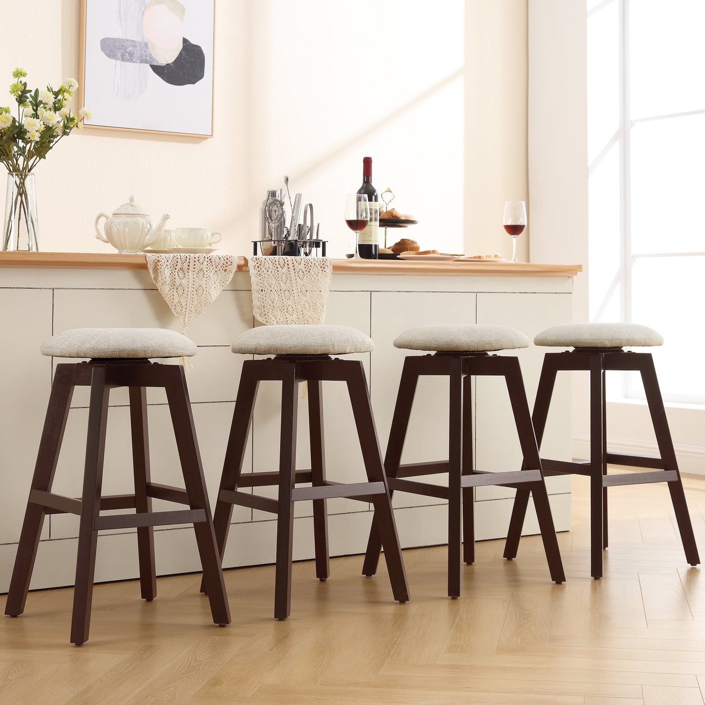 TEWLOSS 26" Counter Height Bar Stools Set of 4 Swivel Round Island Chairs Button Tufted with Wood Legs, Brown & Khaki