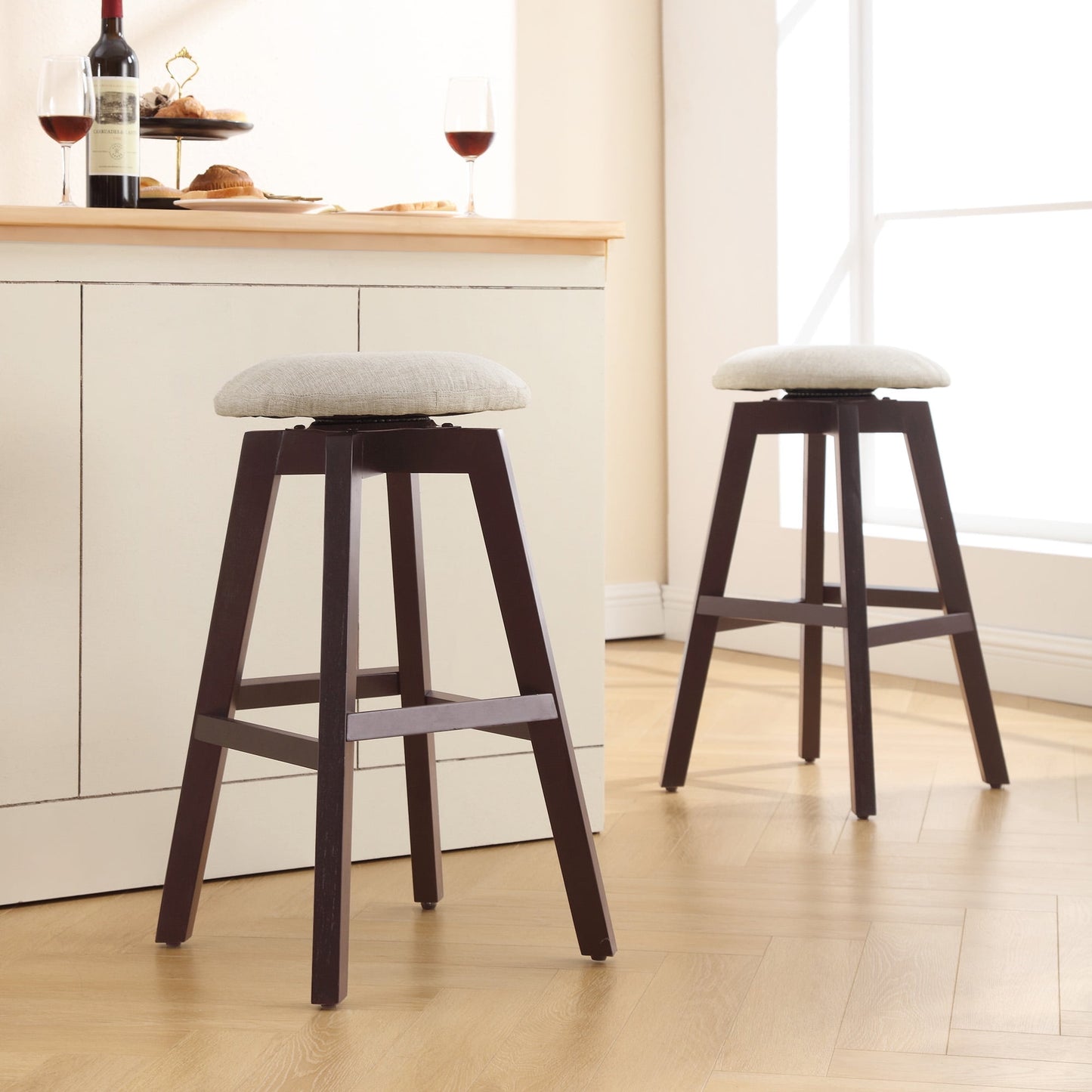 TEWLOSS 26" Counter Height Bar Stools Set of 2 Swivel Round Island Chairs Button Tufted with Wood Legs, Set of 2, Brown & Khaki
