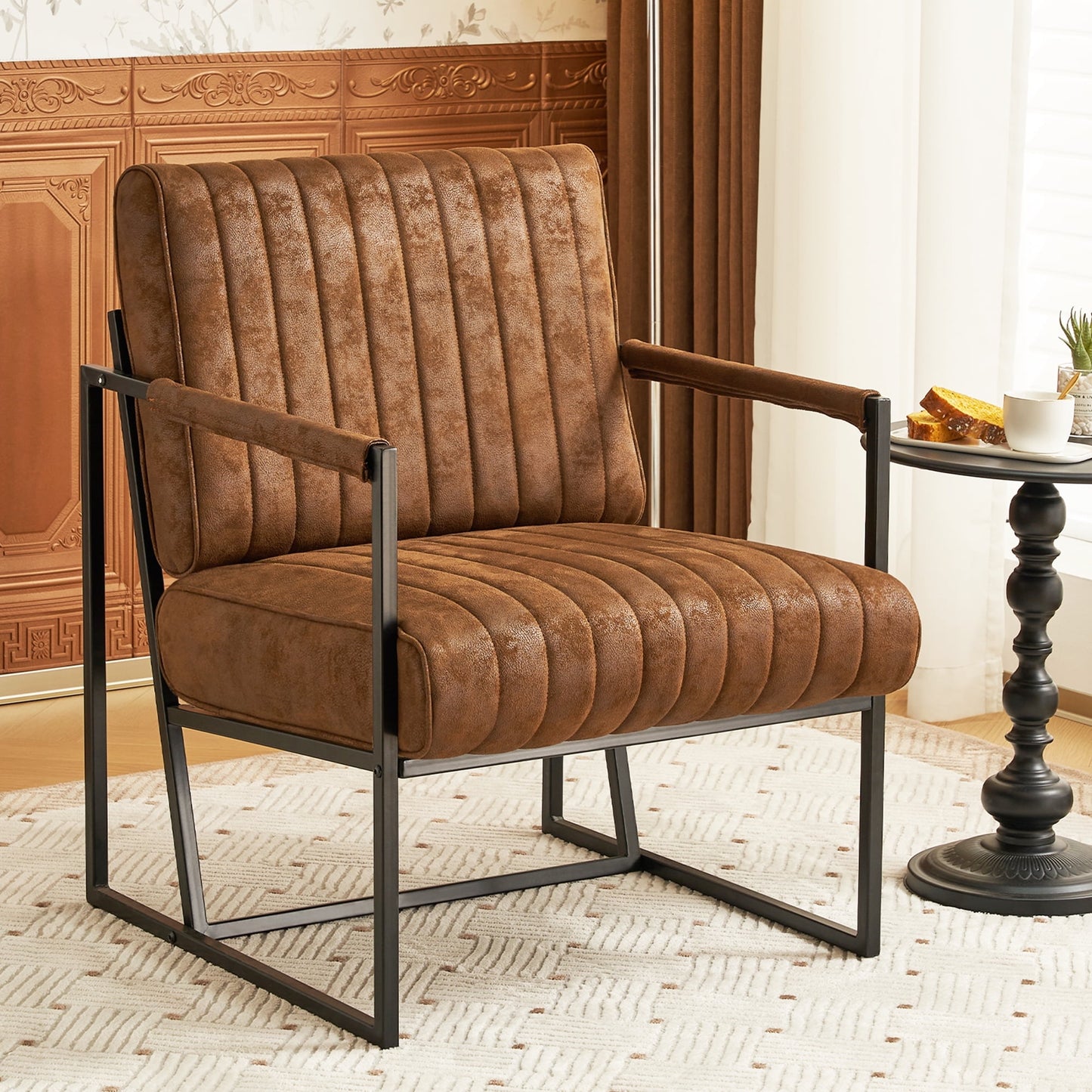 TEWLOSS Leather Accent Chair with Metal Frame, Brown