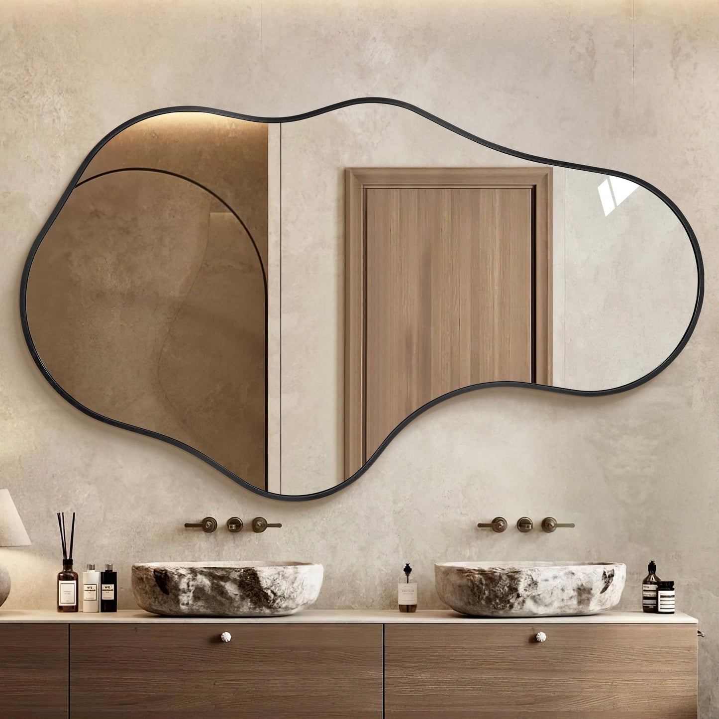 TEWLOSS Irregular Wall Mirror Decorative 43"x 26" Black Bathroom Mirrors Metal Frame, Dolphin Shape