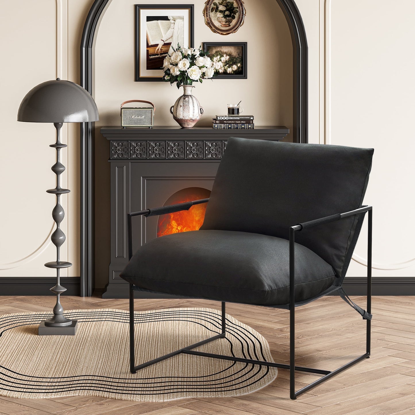 TEWLOSS Living Room Chair Sling Accent Chair with Metal Frame, Black