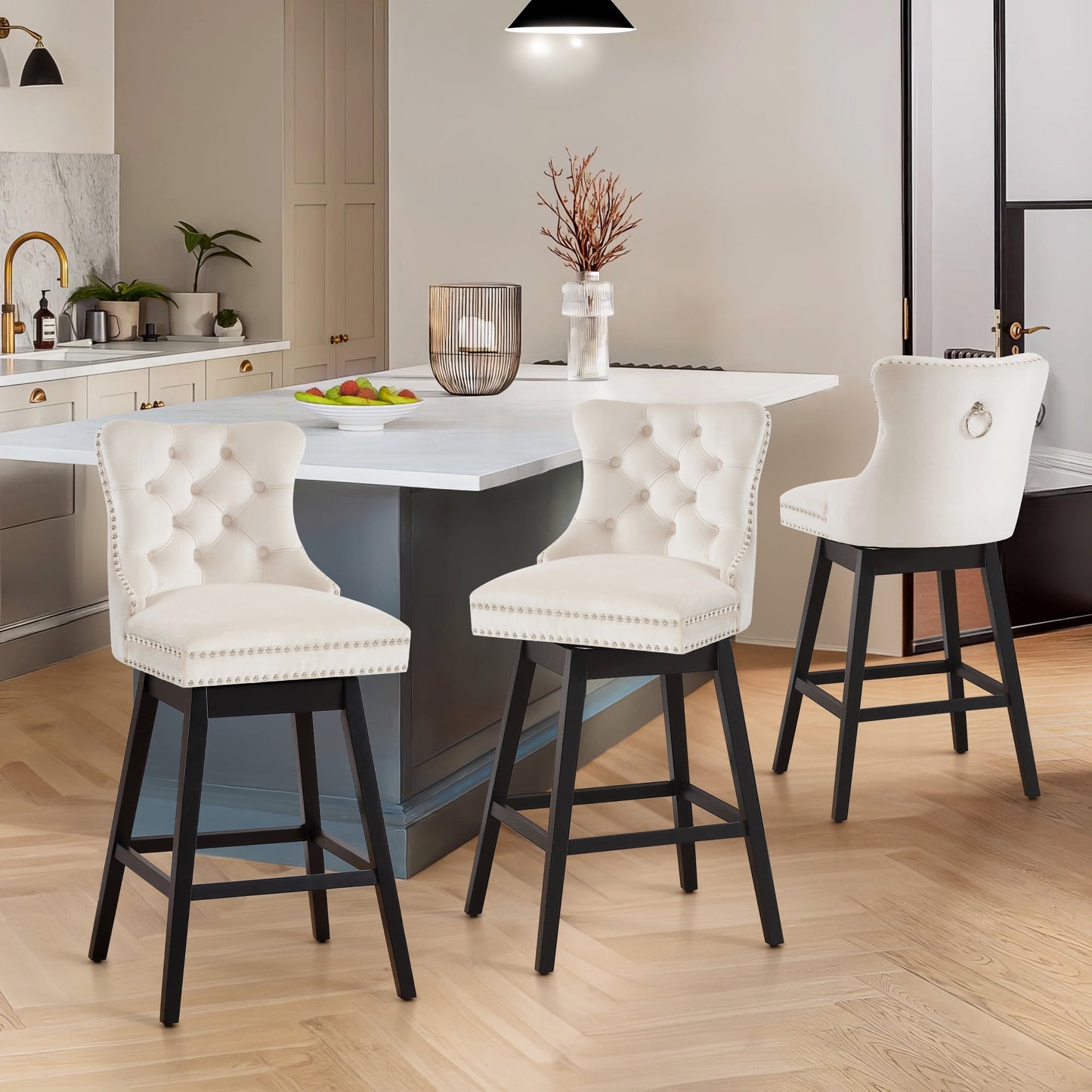 TEWLOSS Counter Height Bar Stools Set of 3 Swivel 26" Velvet Barstools for Kitchen Island, Beige