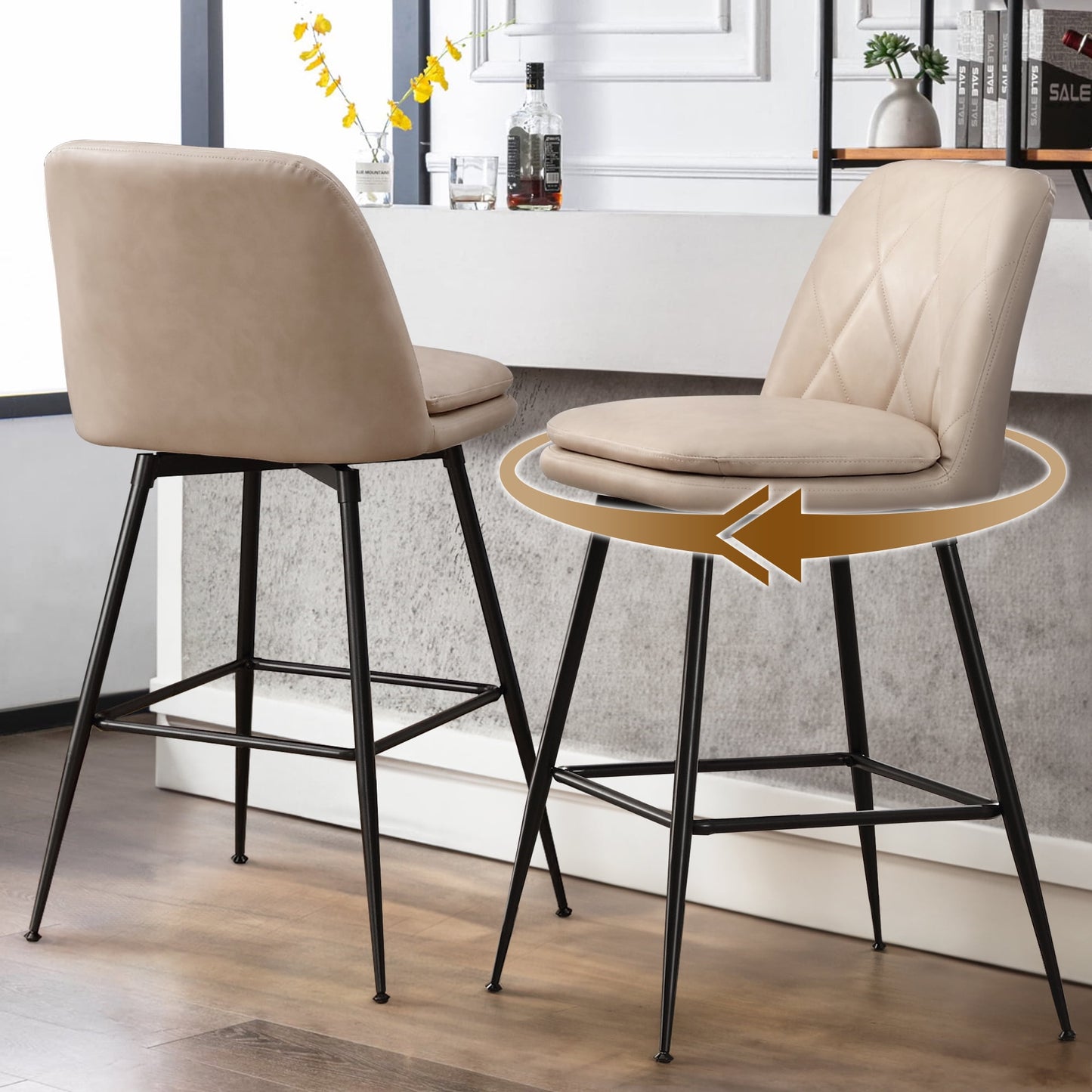 TEWLOSS 24" Counter Height Bar Stools Set of 2 Swivel Barstools Faux Leather Kitchen Chairs, Cream