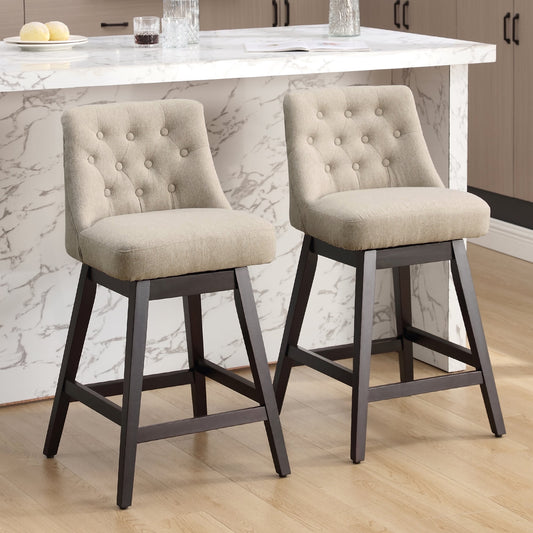 TEWLOSS Swivel Bar Stools Set of 2 Linen Fabric Barstools for Kitchen Island (29", Beige)