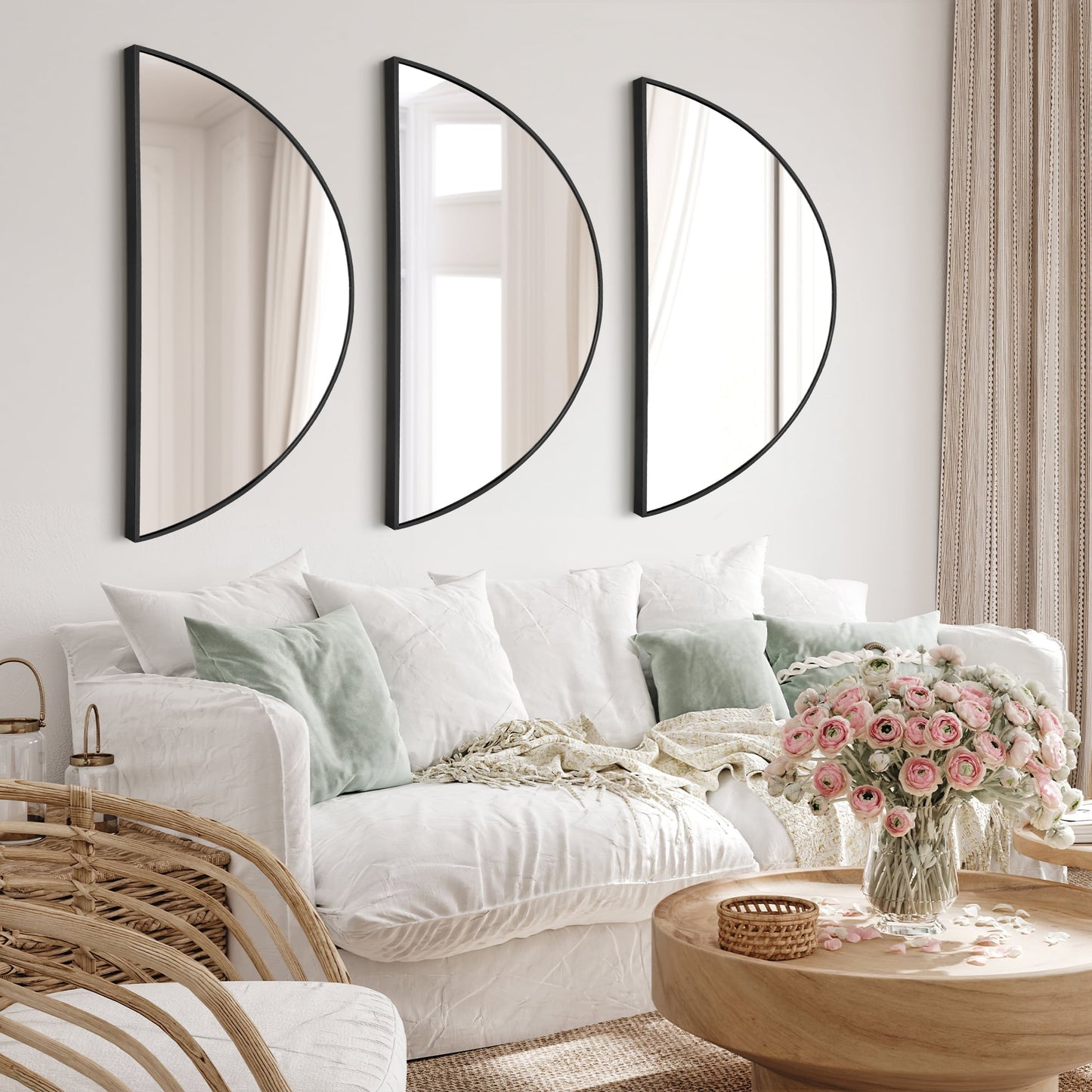 Tewloss DIY Bathroom Mirrors Half Circle Wall Mirror Sets 3PCS for Home Decor (Black, M)