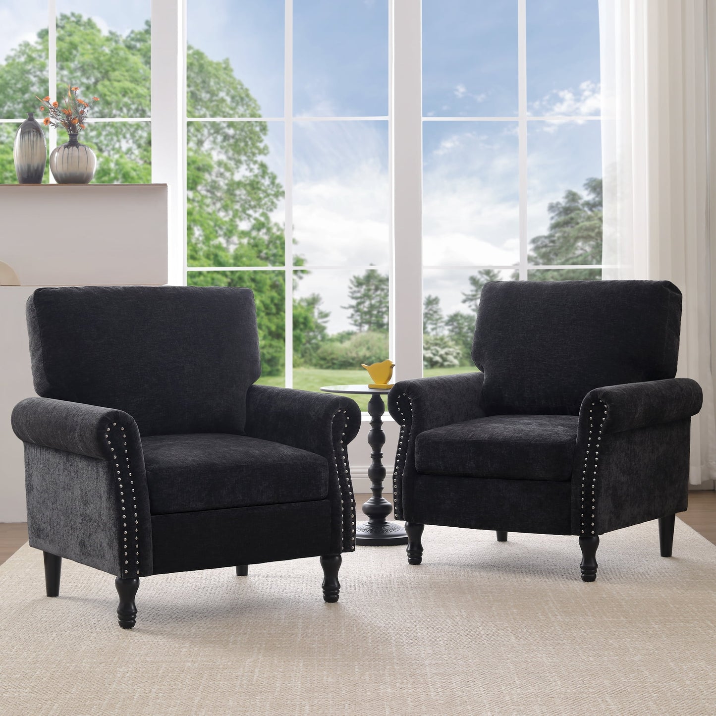 TEWLOSS Oversized Accent Chairs Set of 2, Chenille Fabric Upholstered Arm Chairs for Living Room, Black