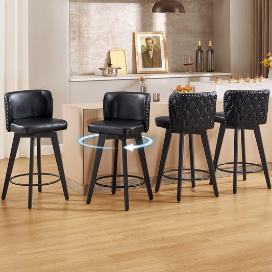 TEWLOSS Counter Height Bar Stools Set of 4, 27.5in Swivel PU Leather Bar Chairs with Curved Back for Kitchen Island, Black