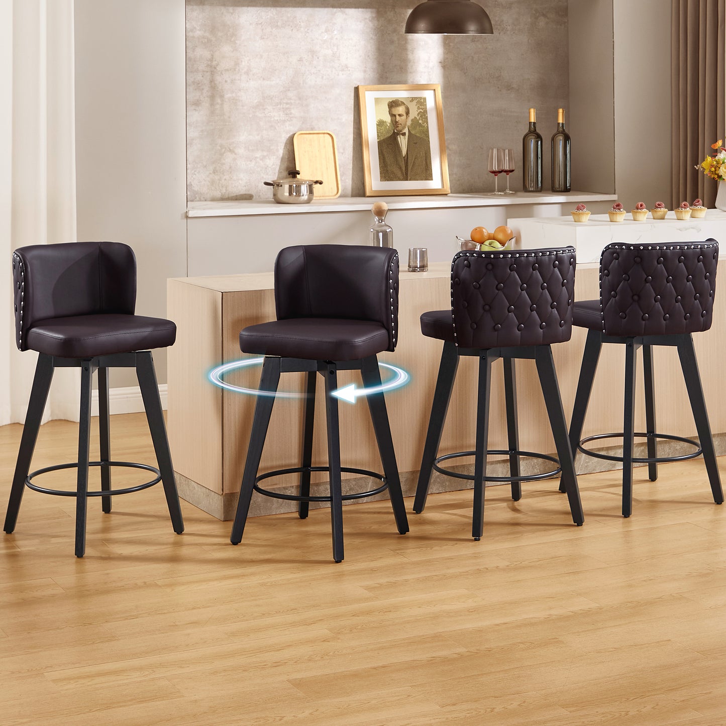 TEWLOSS Counter Height Bar Stools Set of 4, 27.5in Swivel PU Leather Bar Chairs with Curved Back for Kitchen Island, Brown