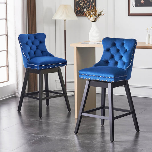 TEWLOSS Swivel Counter Height Bar Stools Set of 2 Velvet Barstools for Kitchen Island (26", Blue)