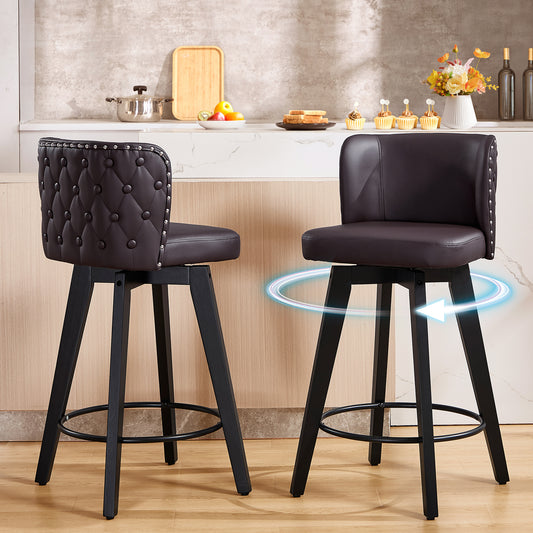 TEWLOSS Counter Height Bar Stools Set of 2, 27.5in Swivel PU Leather Bar Chairs with Curved Back for Kitchen Island, Brown