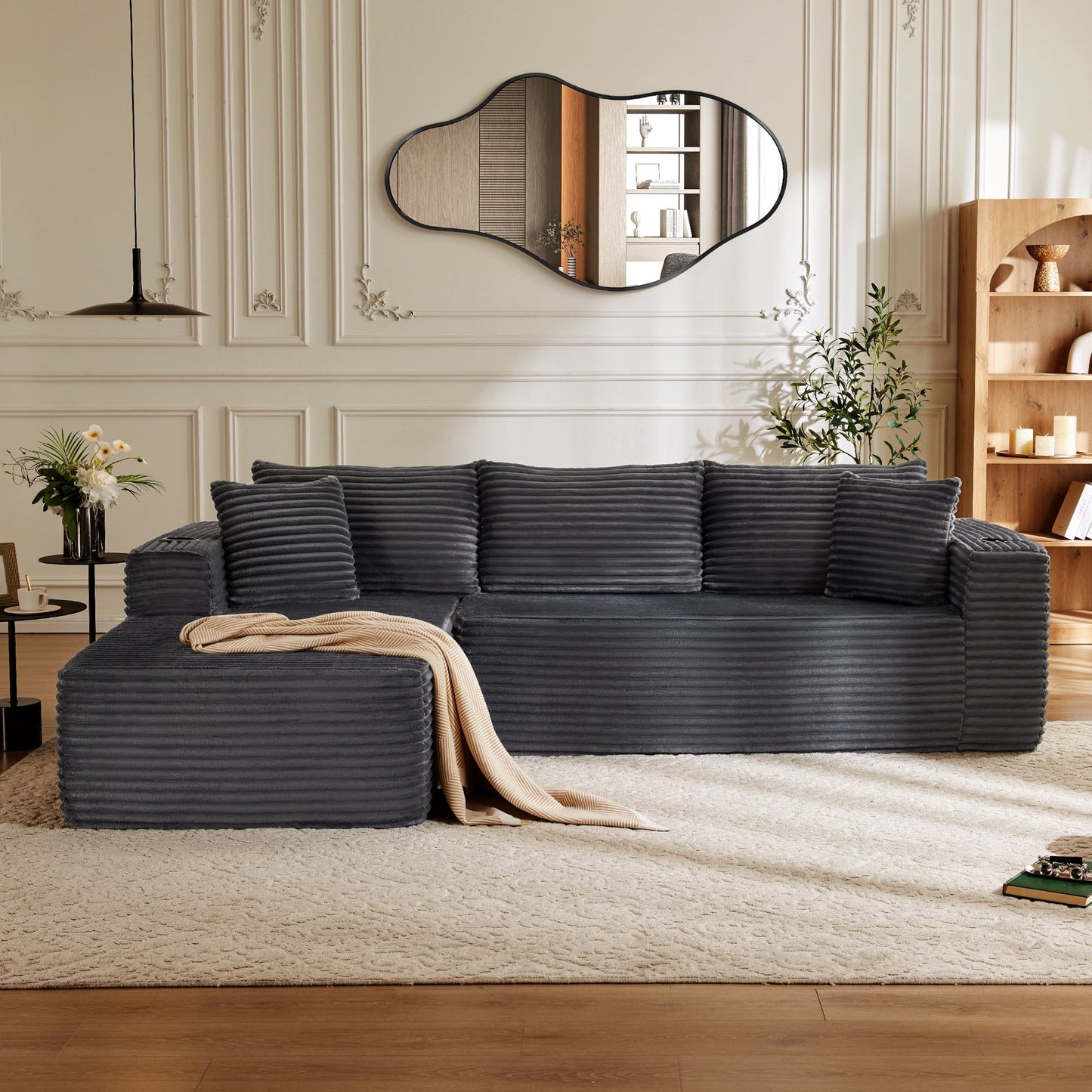 TEWLOSS 105" No-Assembly L-Shaped Sectional Sofa with Dual Cup Holders - Modular Cloud Couch, Deep Seating Upholstered Sofa for Living Room Bedroom, Left/Right Chaise & Sleeper, Black