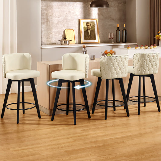 TEWLOSS Counter Height Bar Stools Set of 4, 27.5in Swivel PU Leather Bar Chairs with Curved Back for Kitchen Island, Beige