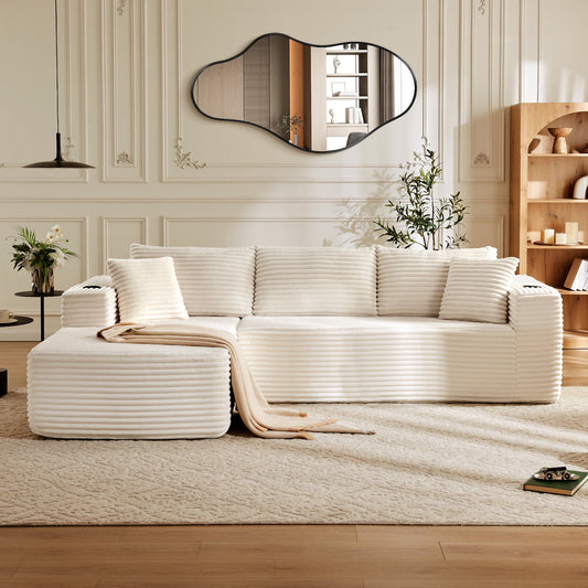 TEWLOSS 105" No-Assembly L-Shaped Sectional Sofa with Dual Cup Holders - Modular Cloud Couch, Deep Seating Upholstered Sofa for Living Room Bedroom, Left/Right Chaise & Sleeper, Beige