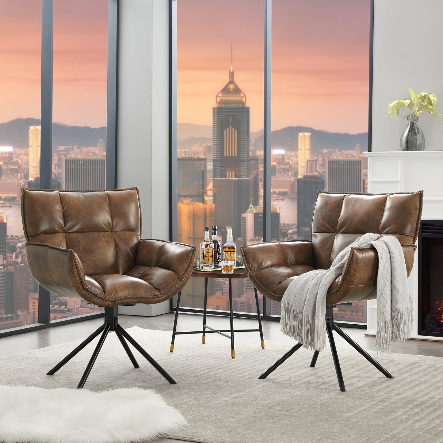 TEWLOSS Swivel Accent Chair Set of 2 Faux Leather Armchair with Metal Legs, Dark Brown