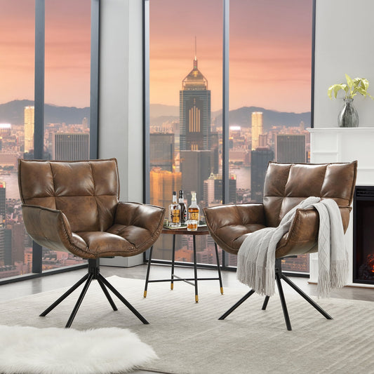TEWLOSS Swivel Accent Chair Set of 2 Faux Leather Armchair with Metal Legs, Dark Brown