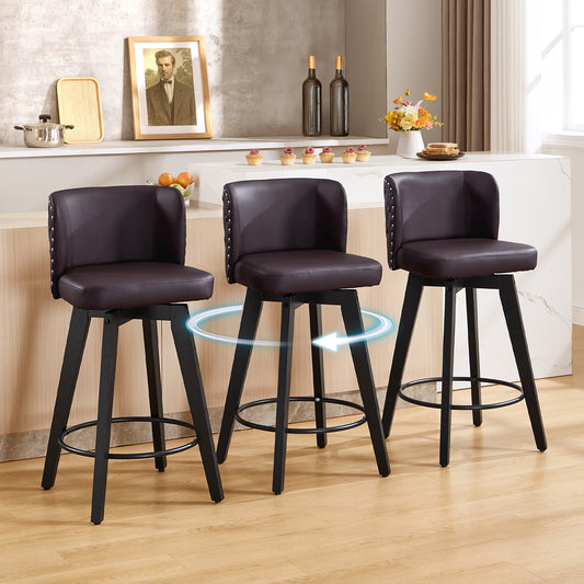 TEWLOSS Counter Height Bar Stools Set of 3, 27.5in Swivel PU Leather Bar Chairs with Curved Back for Kitchen Island, Brown