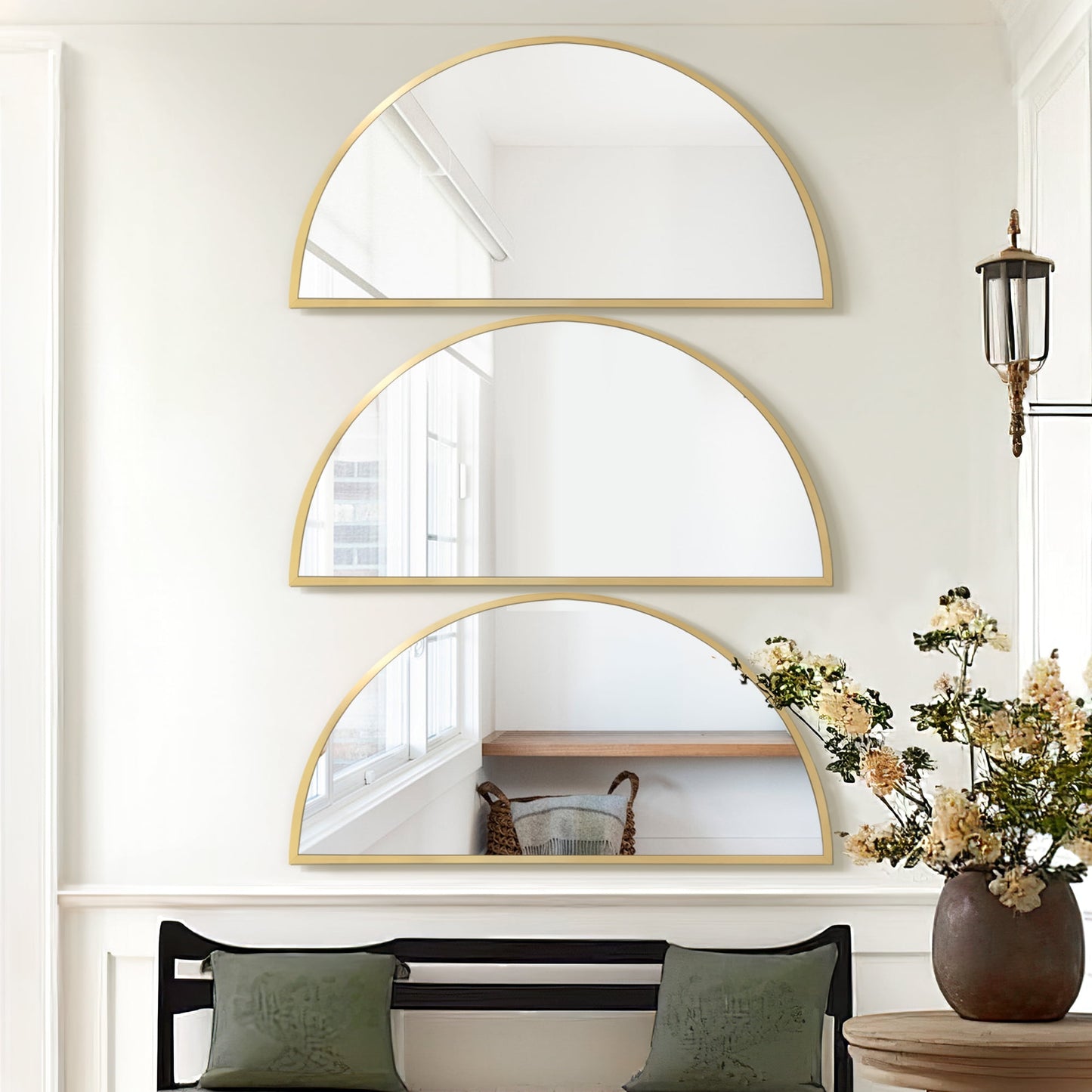 Tewloss DIY Bathroom Mirrors Half Circle Wall Mirror Sets 3PCS for Home Decor (Gold, S)