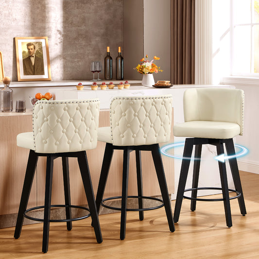 TEWLOSS Counter Height Bar Stools Set of 3, 27.5in Swivel PU Leather Bar Chairs with Curved Back for Kitchen Island, Beige