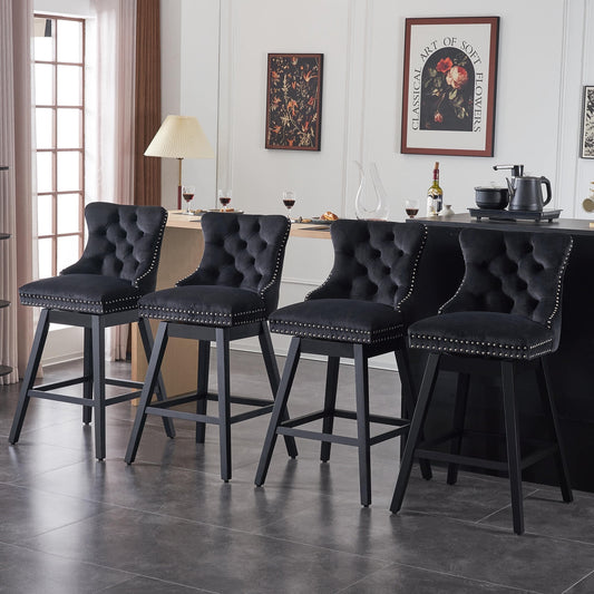 TEWLOSS Swivel Counter Height Bar Stools Set of 4 Velvet Barstools for Kitchen Island (26", Black)