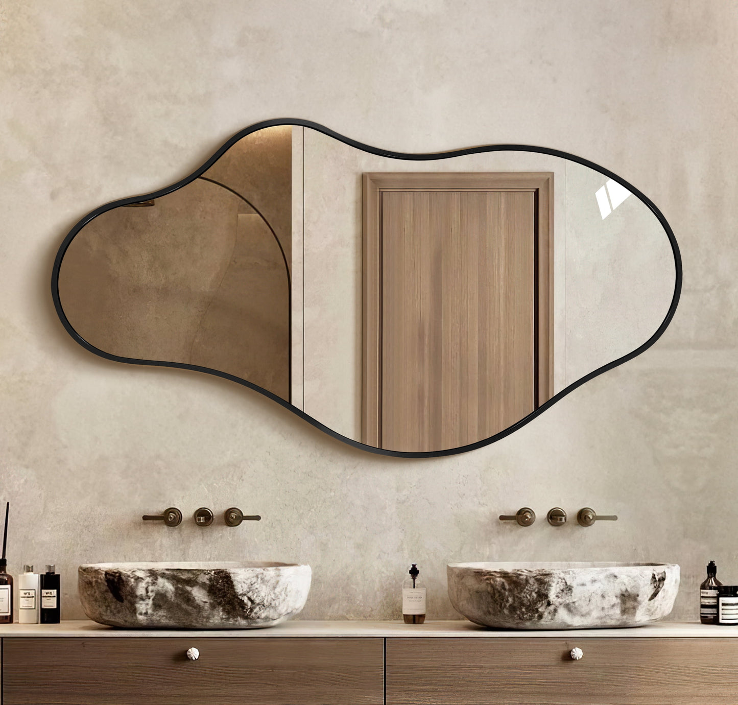 TEWLOSS Irregular Wall Mirror Decorative 36"x 20" Black Bathroom Mirrors Metal Frame, Drop Shape