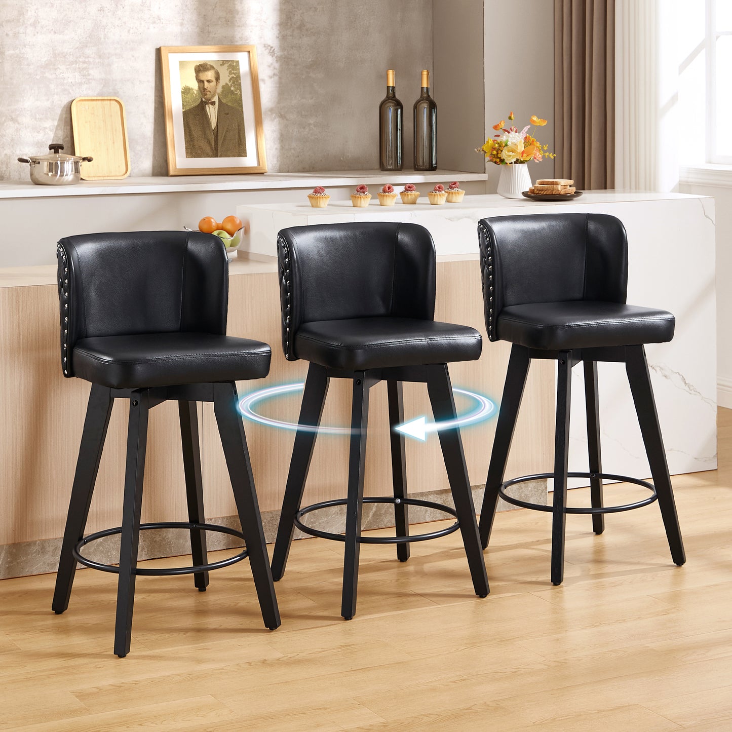 TEWLOSS Counter Height Bar Stools Set of 3, 27.5in Swivel PU Leather Bar Chairs with Curved Back for Kitchen Island, Black