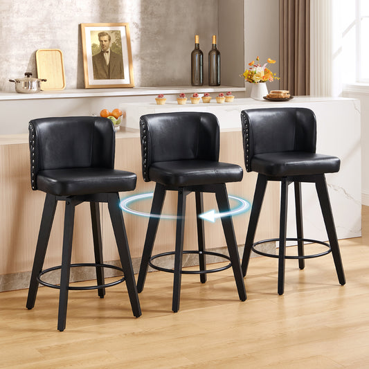 TEWLOSS Counter Height Bar Stools Set of 3, 27.5in Swivel PU Leather Bar Chairs with Curved Back for Kitchen Island, Black
