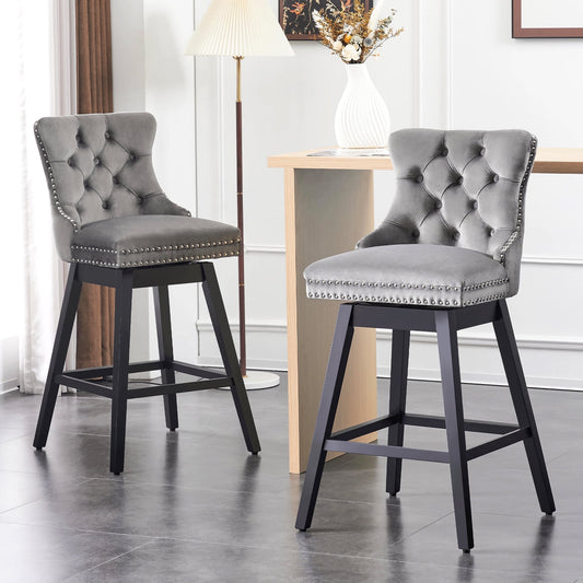 TEWLOSS Swivel Counter Height Bar Stools Set of 2 Velvet Barstools for Kitchen Island (26", Gray)