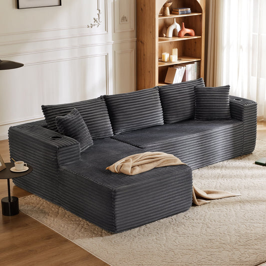 TEWLOSS 105" No-Assembly L-Shaped Sectional Sofa with Dual Cup Holders - Modular Cloud Couch, Deep Seating Upholstered Sofa for Living Room Bedroom, Left/Right Chaise & Sleeper, Gray