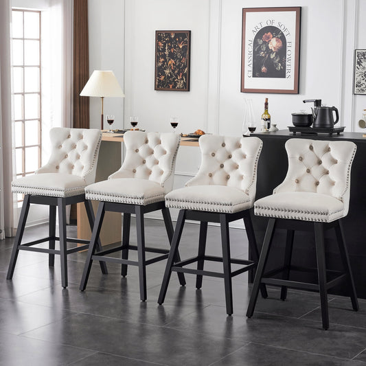 TEWLOSS Swivel Counter Height Bar Stools Set of 4 Velvet Barstools for Kitchen Island (26", Beige)