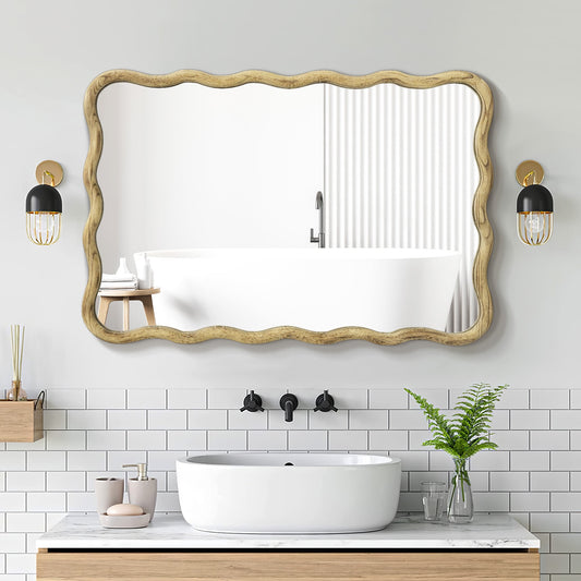TEWLOSS Wavy Mirrors Wall Mirror, 36"x24" Bathroom Mirror Wood Framed, Natural