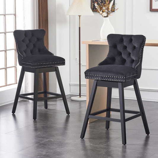 TEWLOSS Swivel Counter Height Bar Stools Set of 2 Velvet Barstools for Kitchen Island (26", Black)