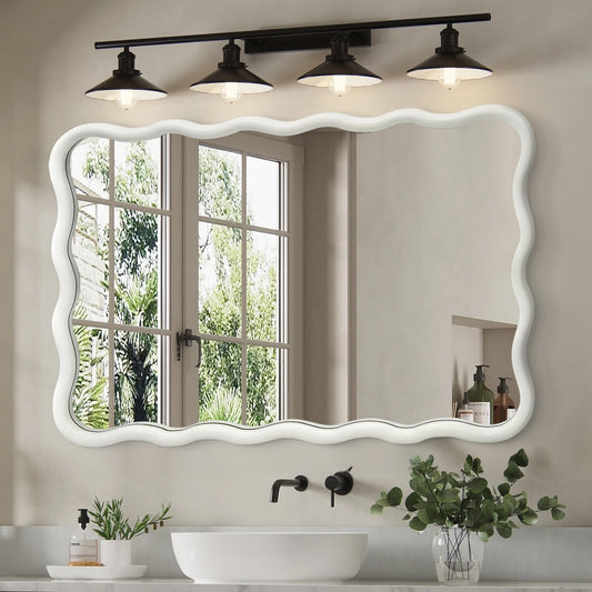 TEWLOSS Wavy Mirrors Wall Mirror 30 inch x20 inch  for Bathroom Solid Wood Frame, White