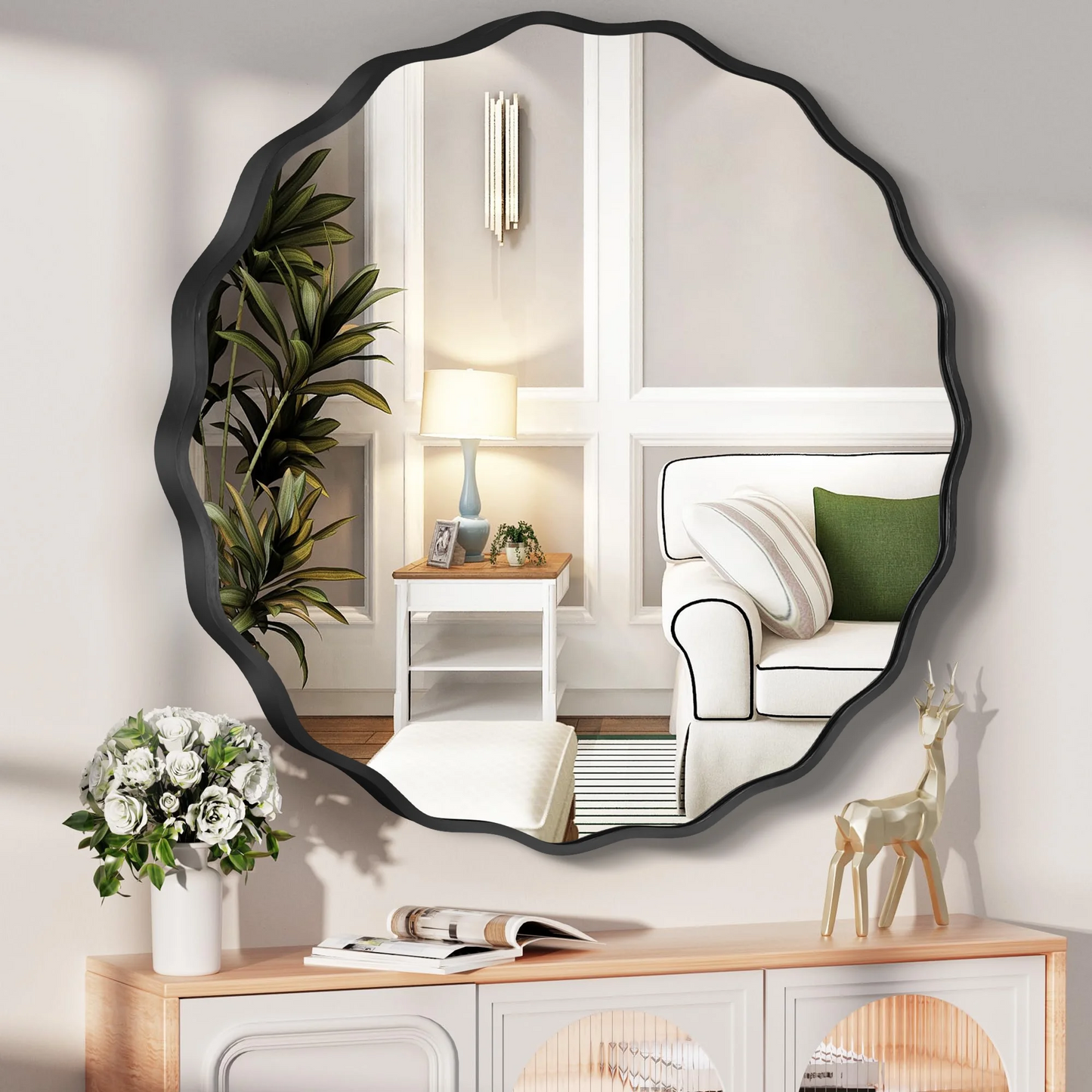 TEWLOSS Round Mirrors Wall Mirror 32" Wavy Mirror for Bathroom Black Aluminum Alloy Framed