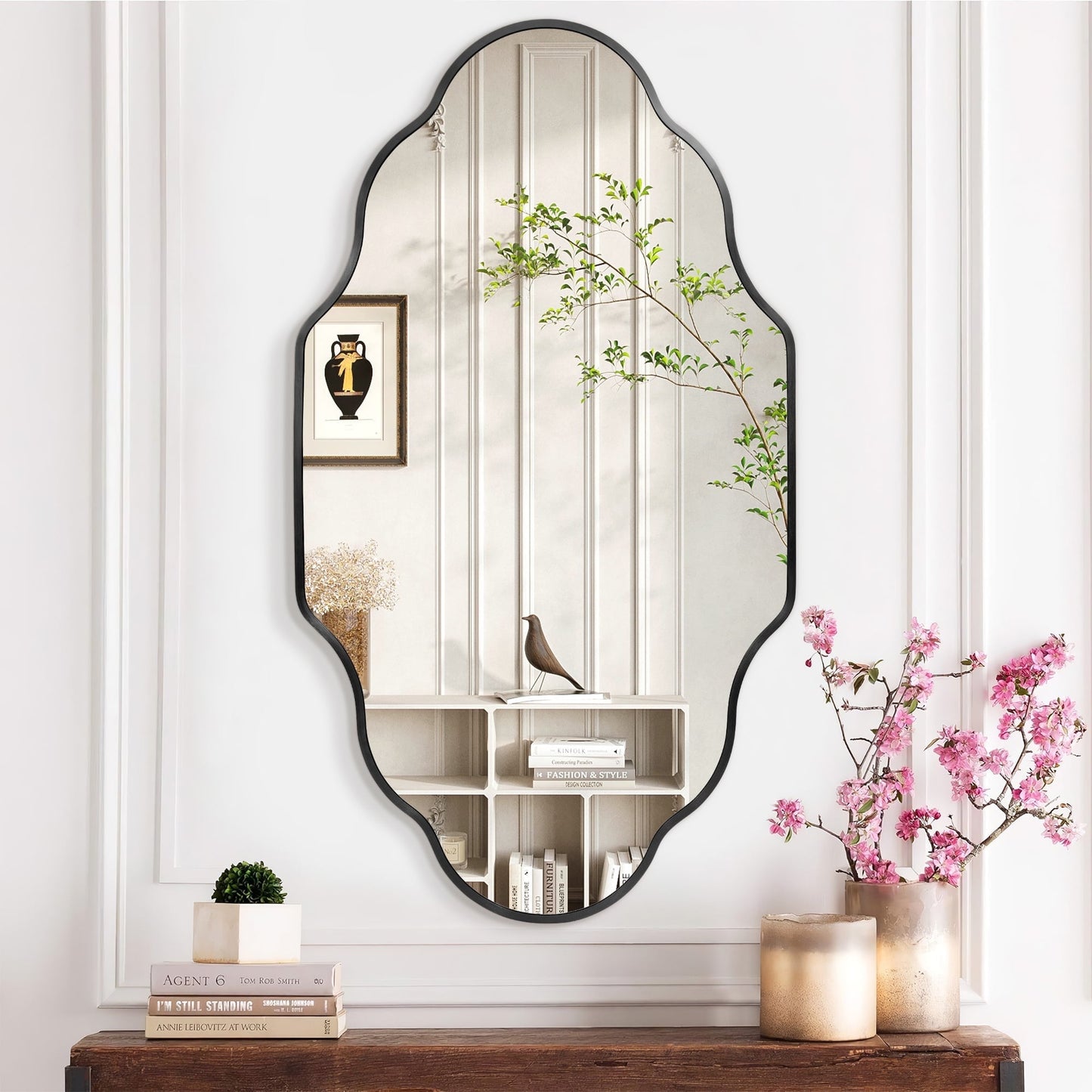 TEWLOSS Scalloped Bathroom Mirrors Wall Mirror, 46"x26" Black Aluminum Frame