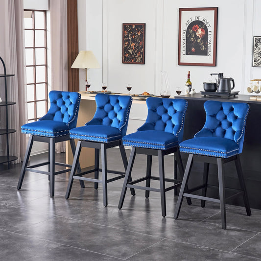 TEWLOSS Swivel Counter Height Bar Stools Set of 4 Velvet Barstools for Kitchen Island (26", Blue)