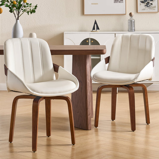 TEWLOSS 2-Pack PU Leather Swivel Dining Chairs with Bentwood Legs, 19.5" Seat, White