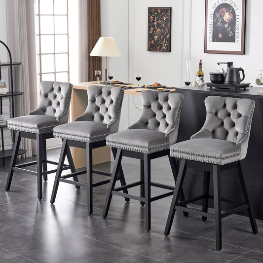 TEWLOSS Swivel Counter Height Bar Stools Set of 4 Velvet Barstools for Kitchen Island (26", Gray)