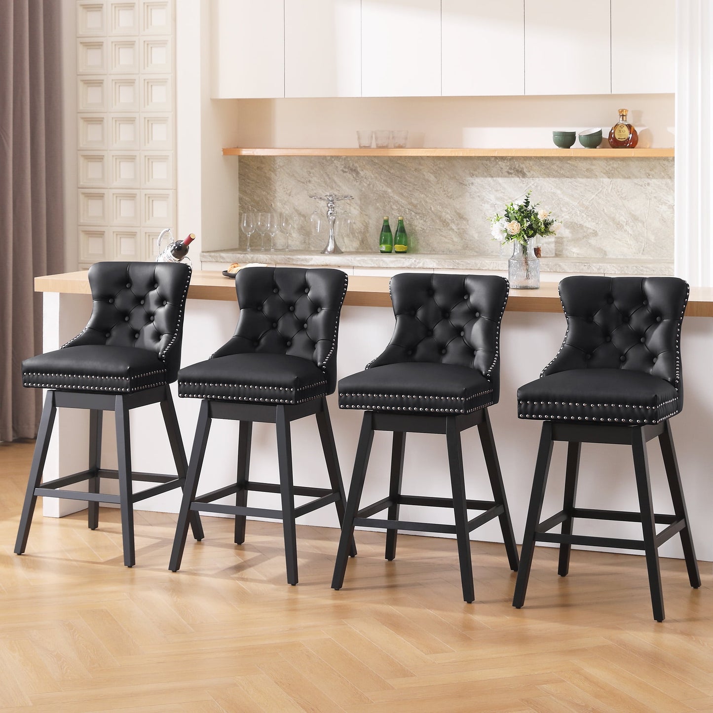Tewloss 30" Swivel Bar Stools Set of 4 With Back Leather Bar Height Chairs for Home Kitchen, Black