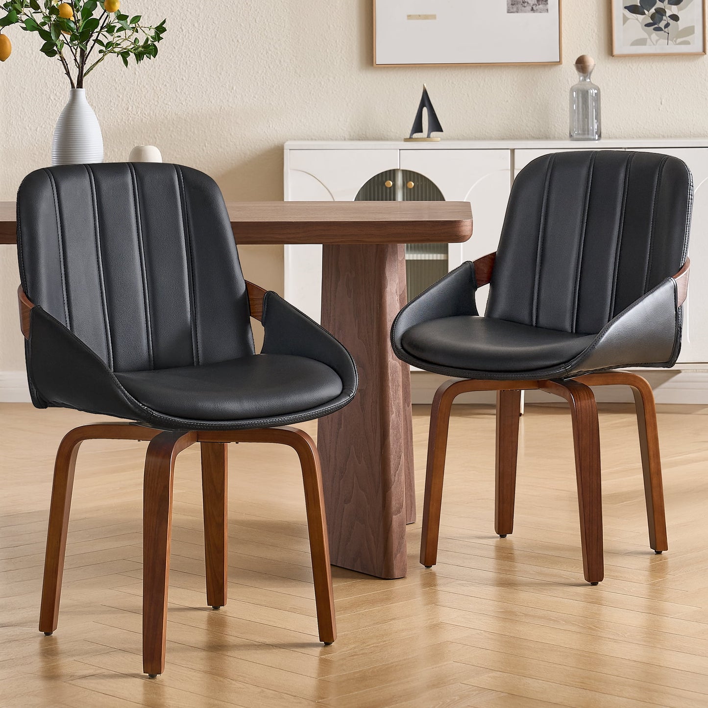 TEWLOSS 2-Pack PU Leather Swivel Dining Chairs with Bentwood Legs, 19.5" Seat, Black