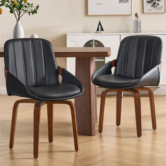 TEWLOSS 2-Pack PU Leather Swivel Dining Chairs with Bentwood Legs, 19.5" Seat, Black